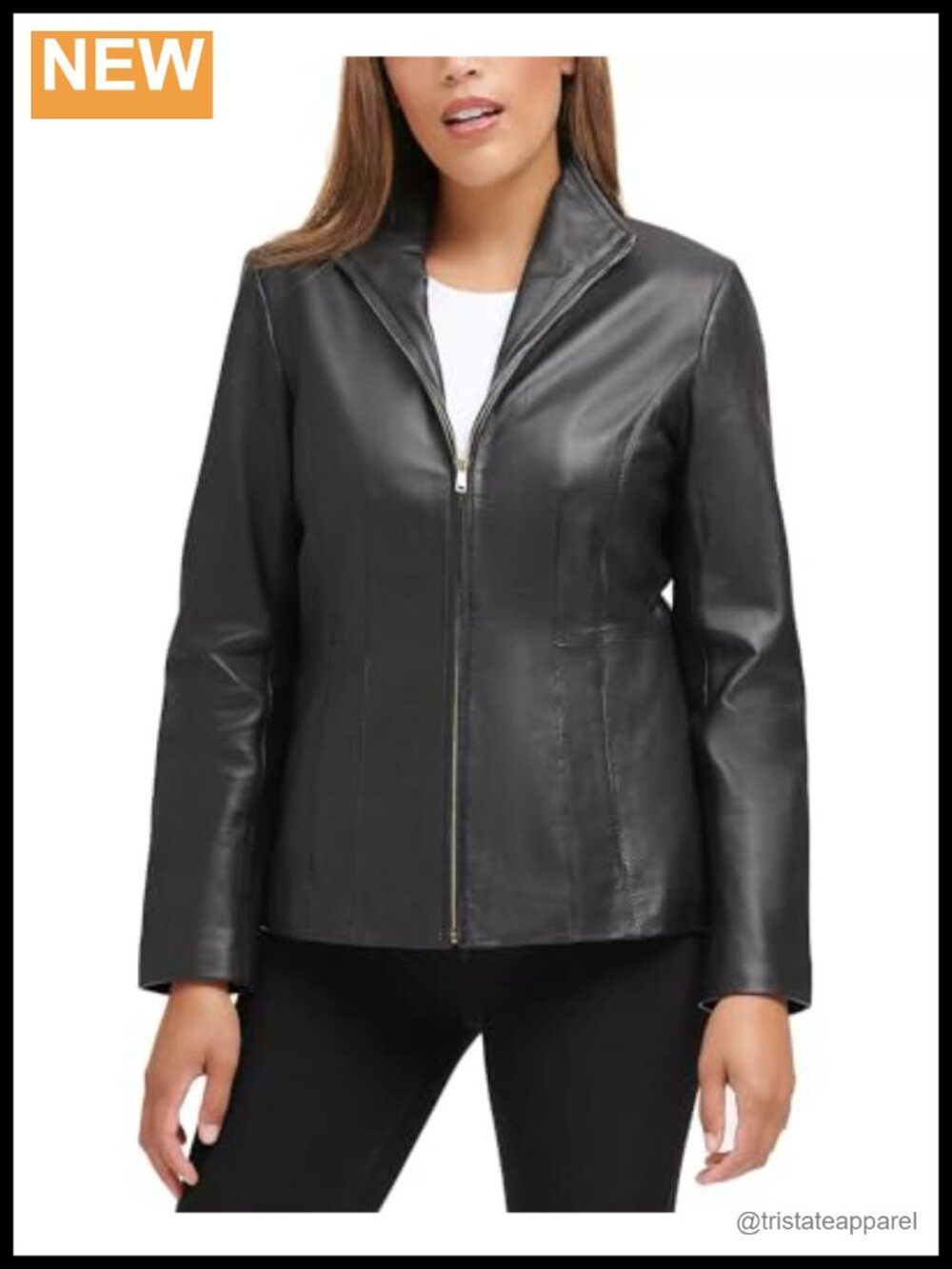 Women's Genuine Leather Wing Collar Jacket Zip Front Long Sleeve Tailored